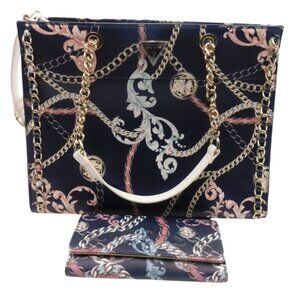 Guess Dark Blue Chain Design Satchel Purse Handbag with Matching Wallet Set Y2K